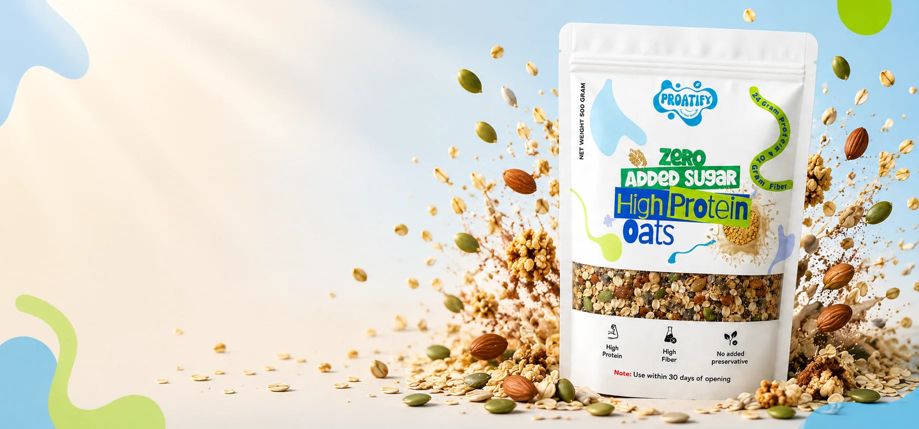 Prepared Proatify oats bowl with product pouch